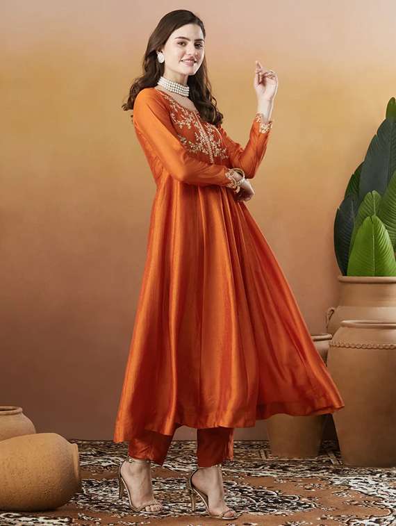 women rust self design  kurta pant set - 22451901 -  Standard Image - 2