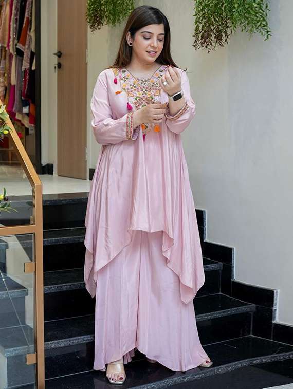 women pink self design  kurta palazzo set set - 22451905 -  Standard Image - 2