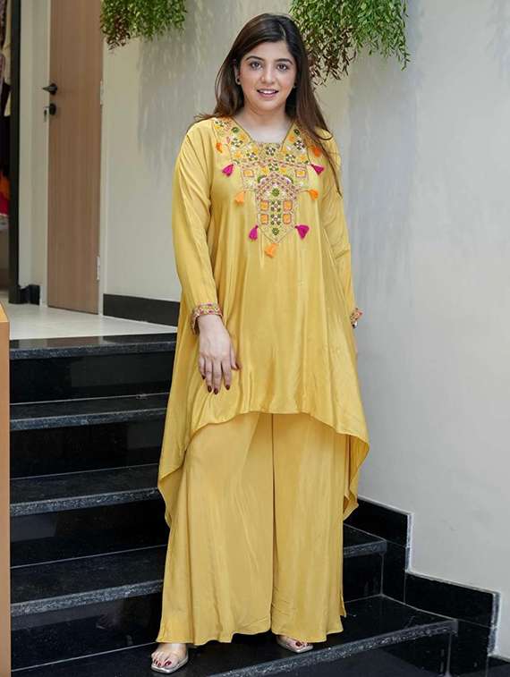 women yellow self design  kurta palazzo set set - 22451906 -  Standard Image - 2
