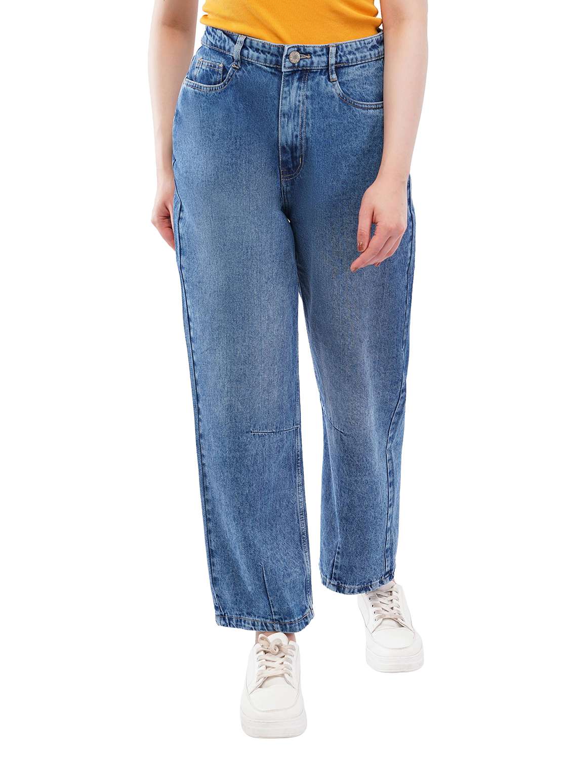 women solid high rise straight jean