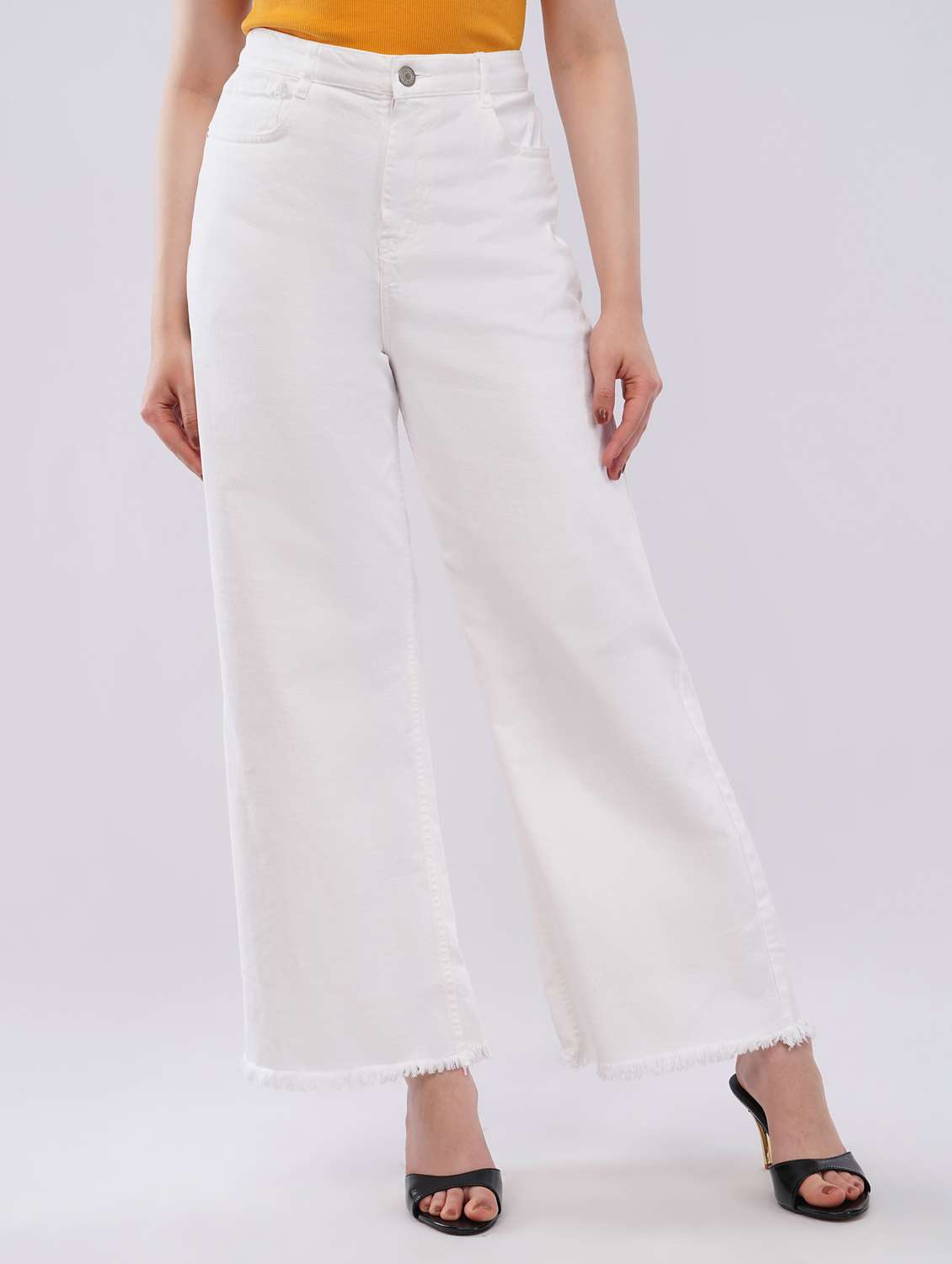 women solid high rise wide leg jean