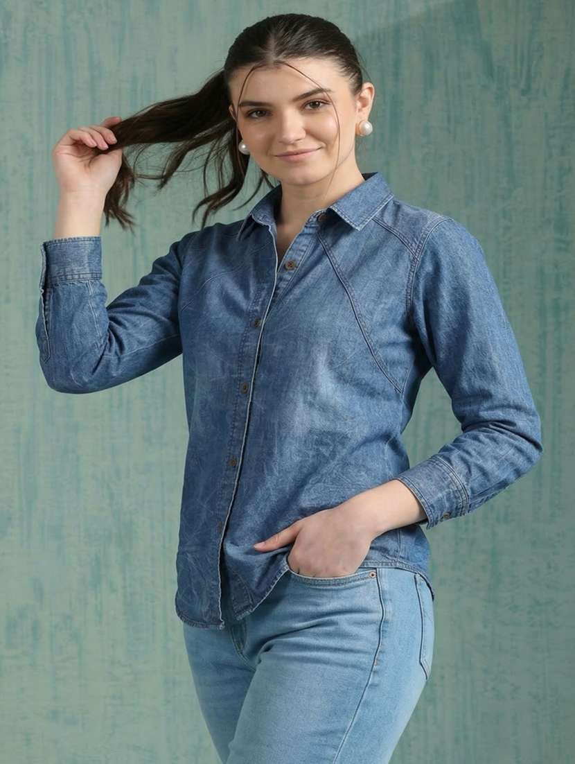 women solid long sleeve regualr fit denim shirt - 22451993 -  Standard Image - 2