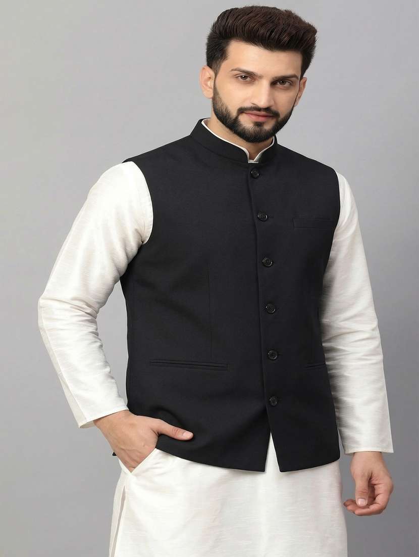 men solid mandarin neck regular fit nehru jacket - 22452000 -  Standard Image - 2