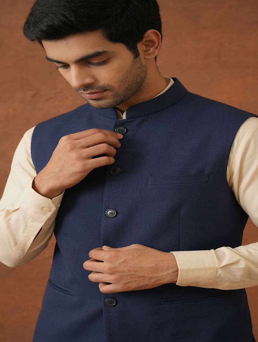 men solid mandarin neck regular fit nehru jacket - 22452001 -  Standard Image - 2