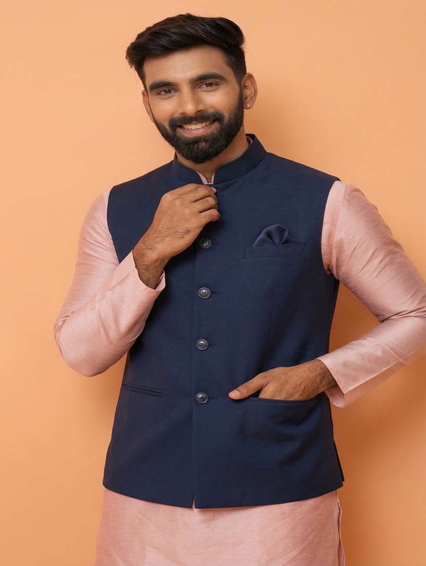 men solid mandarin neck regular fit nehru jacket - 22452005 -  Standard Image - 2