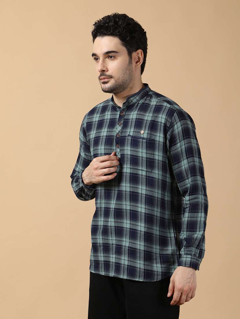 men checkered mandarin neck short kurta - 22452032 -  Standard Image - 2