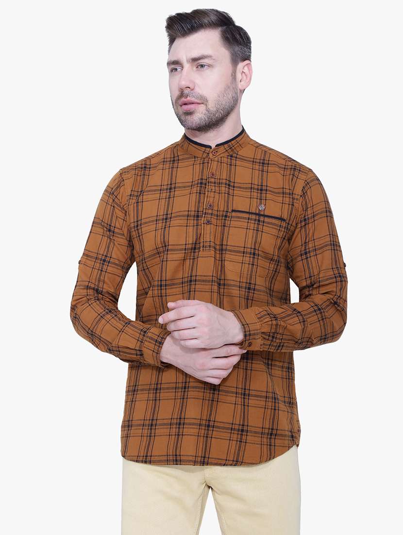 men checkered mandarin neck short kurta