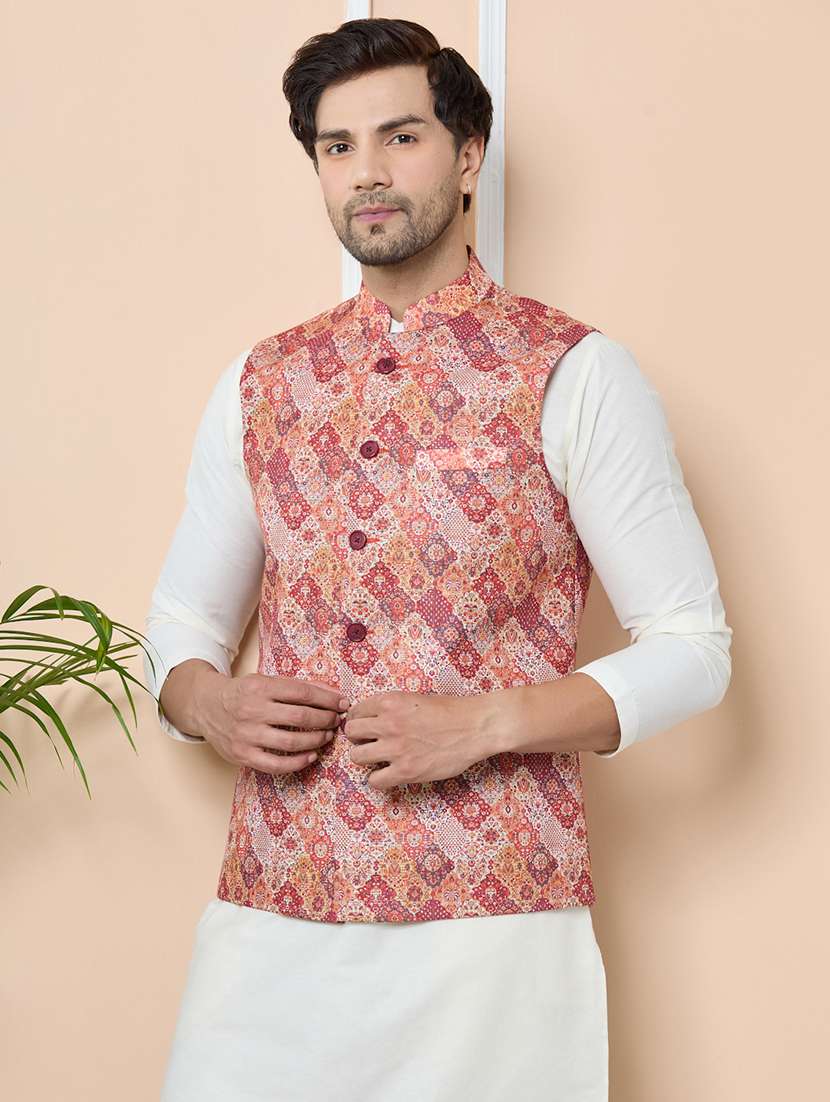 men orange cotton blend nehru jacket - 22452374 -  Standard Image - 2