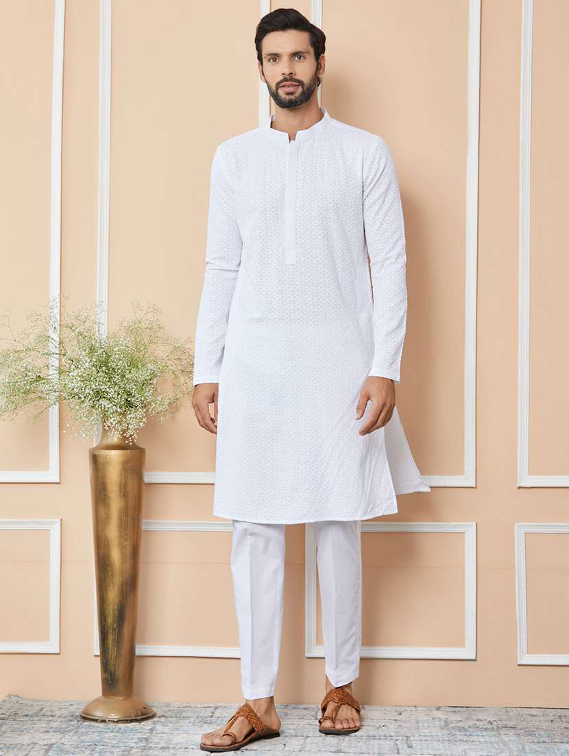 men solid with work mandarin neck kurta pyjama set