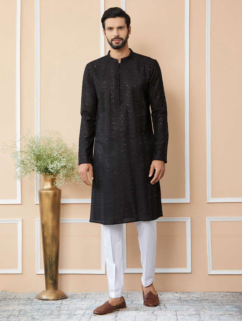 Men Solid With Work Mandarin Neck Kurta Pyjama Set - 22452675 -  Standard Image - 2