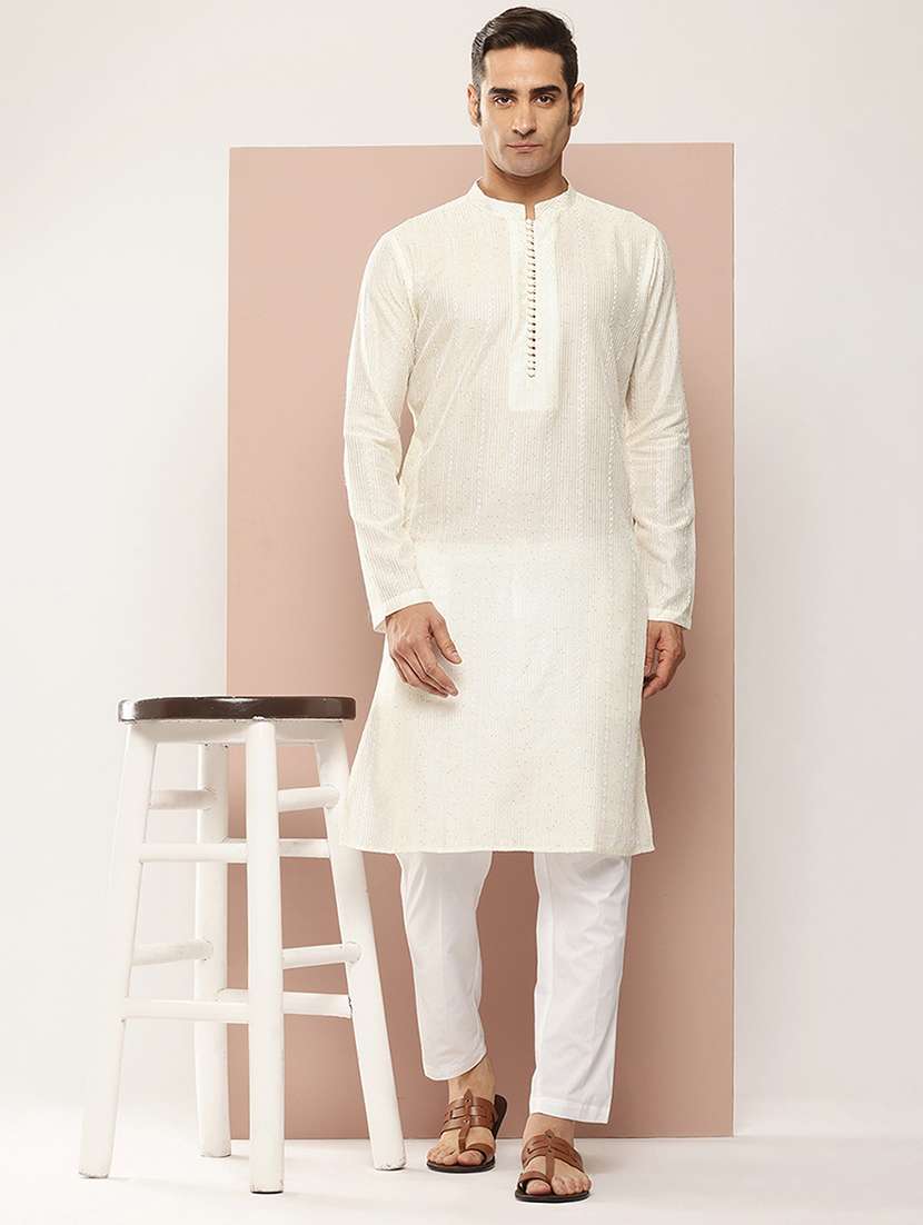 men solid with work mandarin neck kurta pyjama set