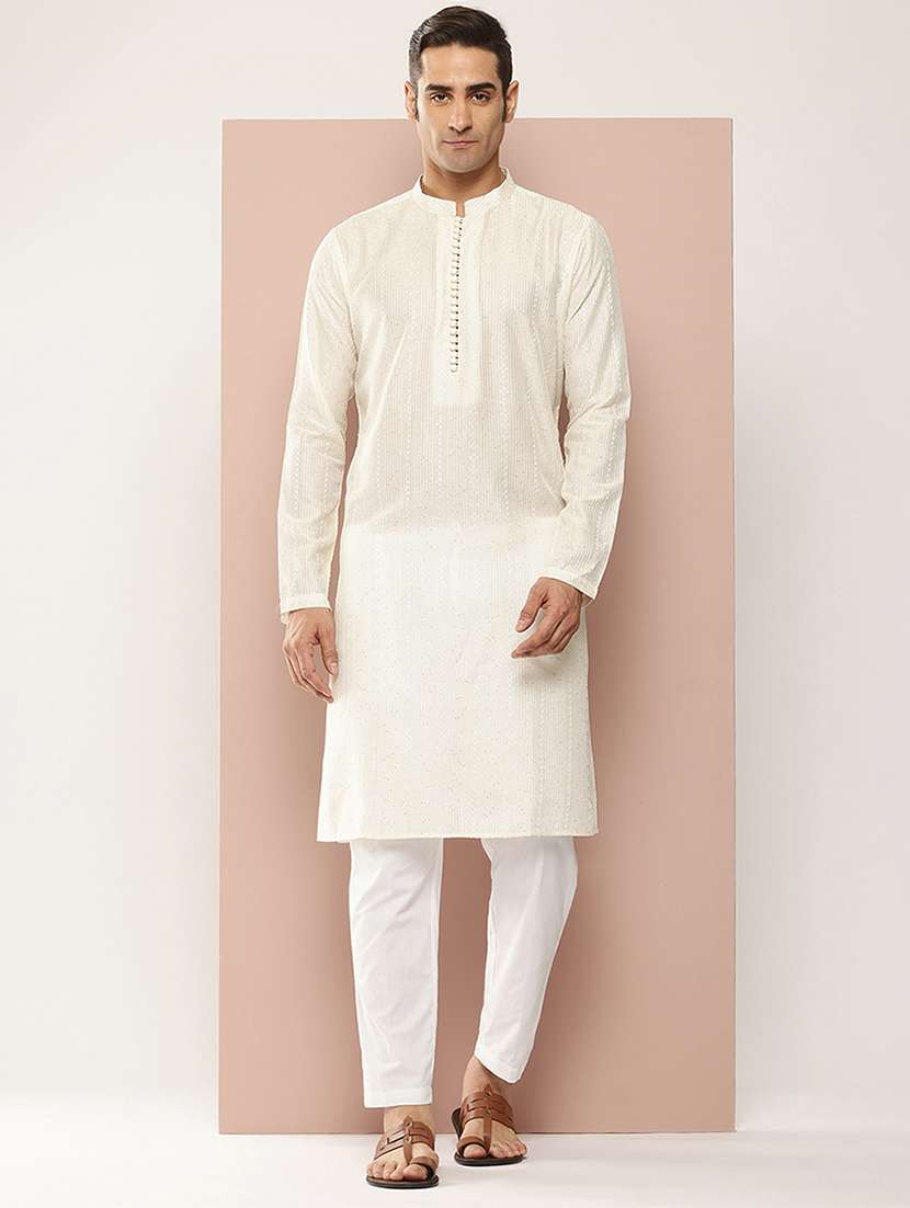Men Solid With Work Mandarin Neck Kurta Pyjama Set - 22452768 -  Standard Image - 2