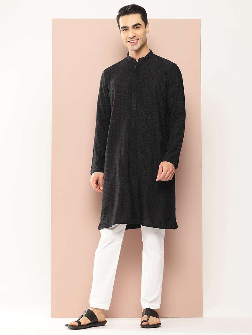 Men Solid With Work Mandarin Neck Kurta Pyjama Set - 22452769 -  Standard Image - 2