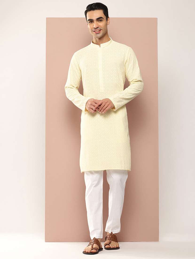 men solid with work mandarin neck kurta pyjama set - 22452775 -  Standard Image - 2