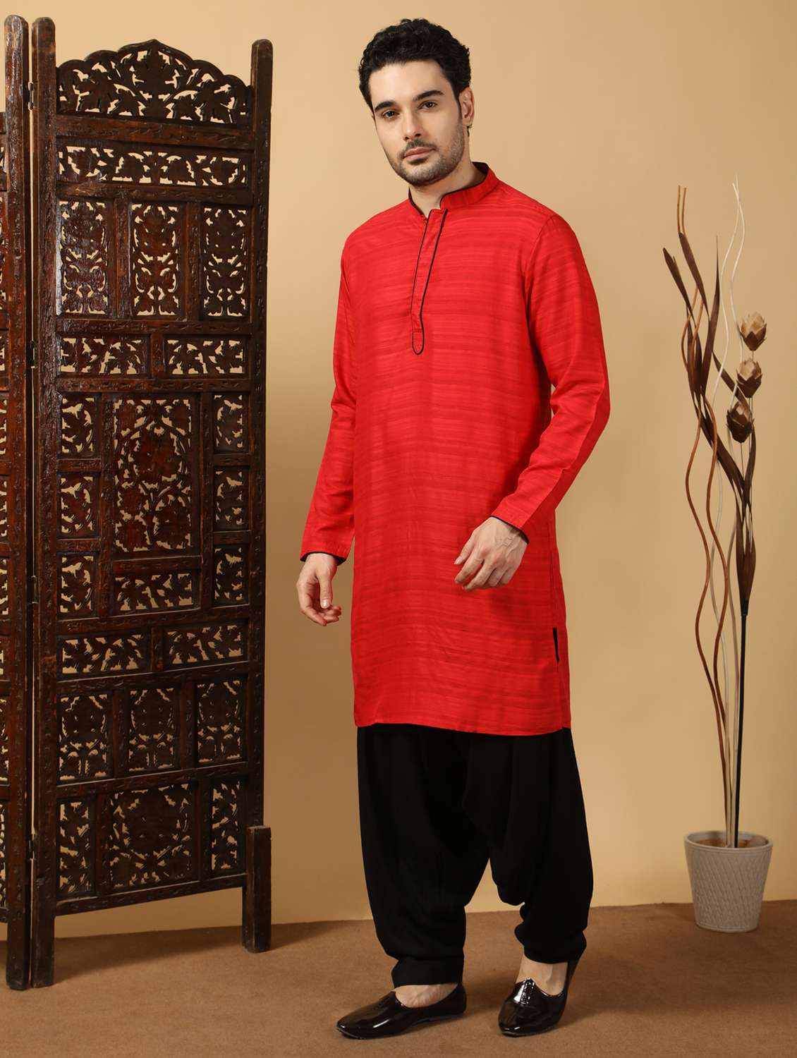 men self design mandarin neck long kurta - 22453154 -  Standard Image - 2