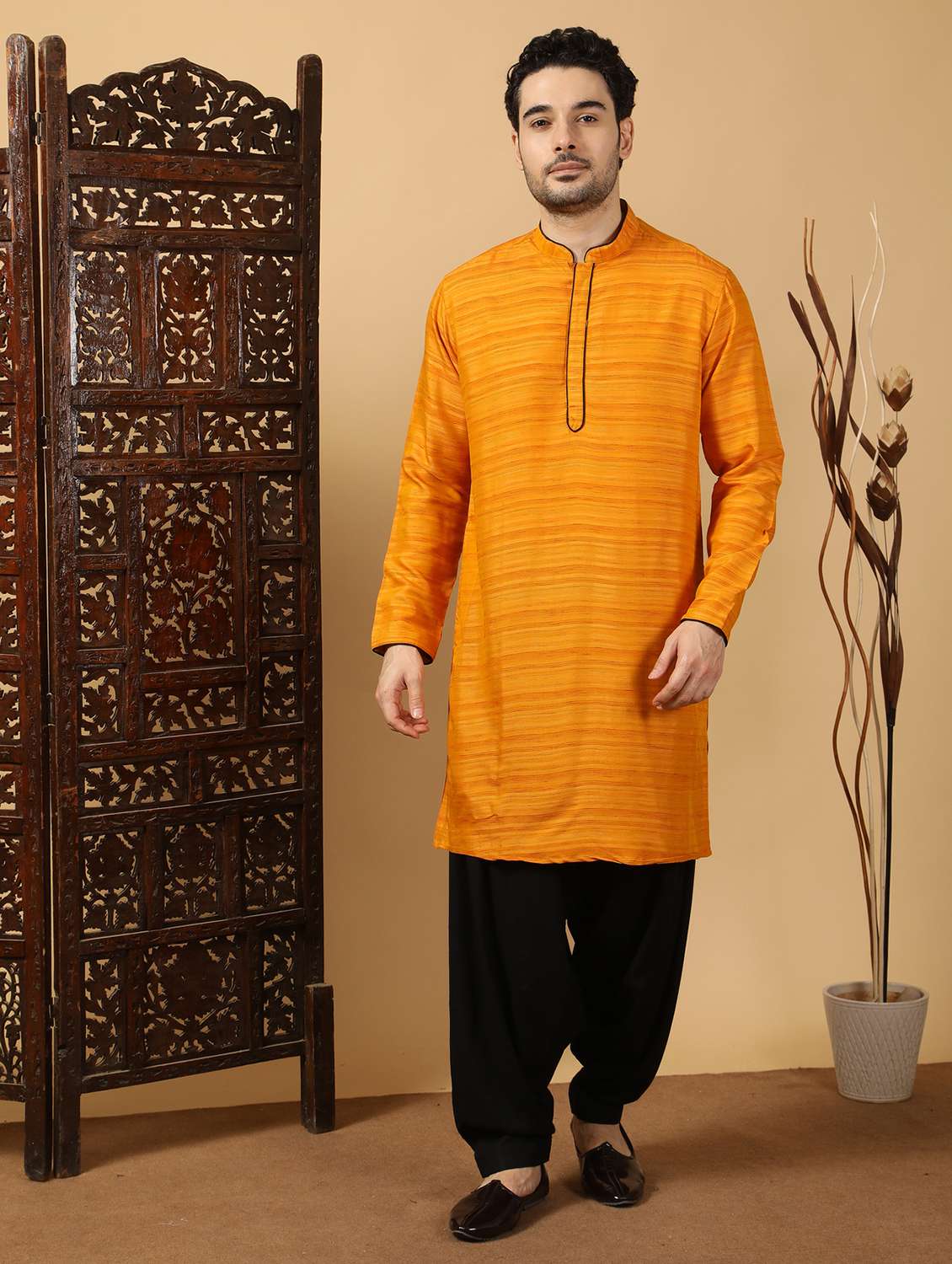 men self design mandarin neck long kurta - 22453155 -  Standard Image - 2