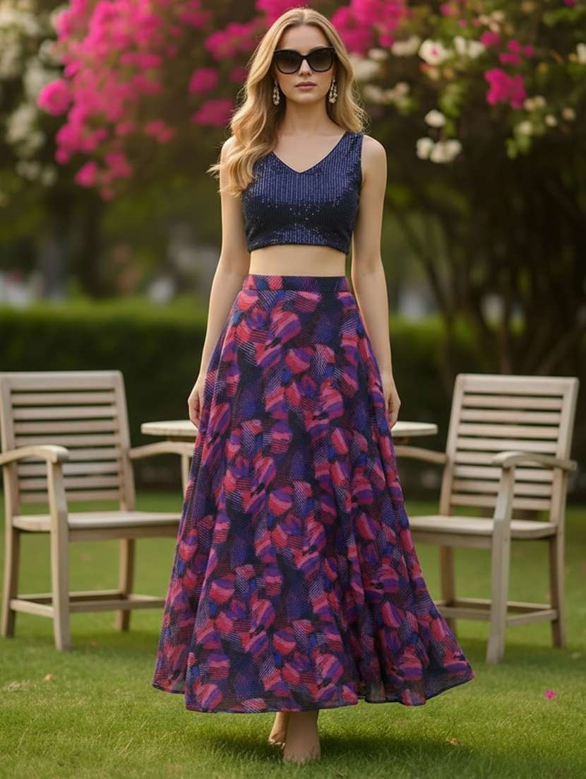 women printed polyester top and skirt set