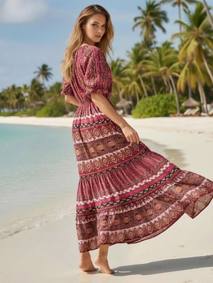 women printed maxi tie-up neck tiered dress - 22453495 -  Standard Image - 2