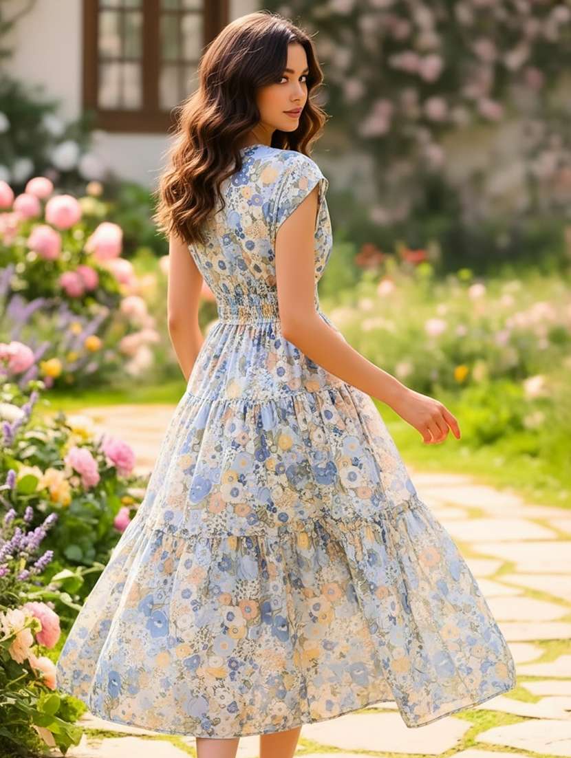 women floral cotton tiered dress v neck - 22453496 -  Standard Image - 2