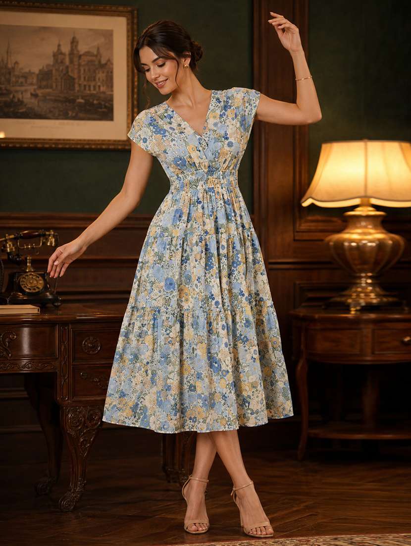 women floral cotton tiered dress v neck - 22453496 -  Standard Image - 2
