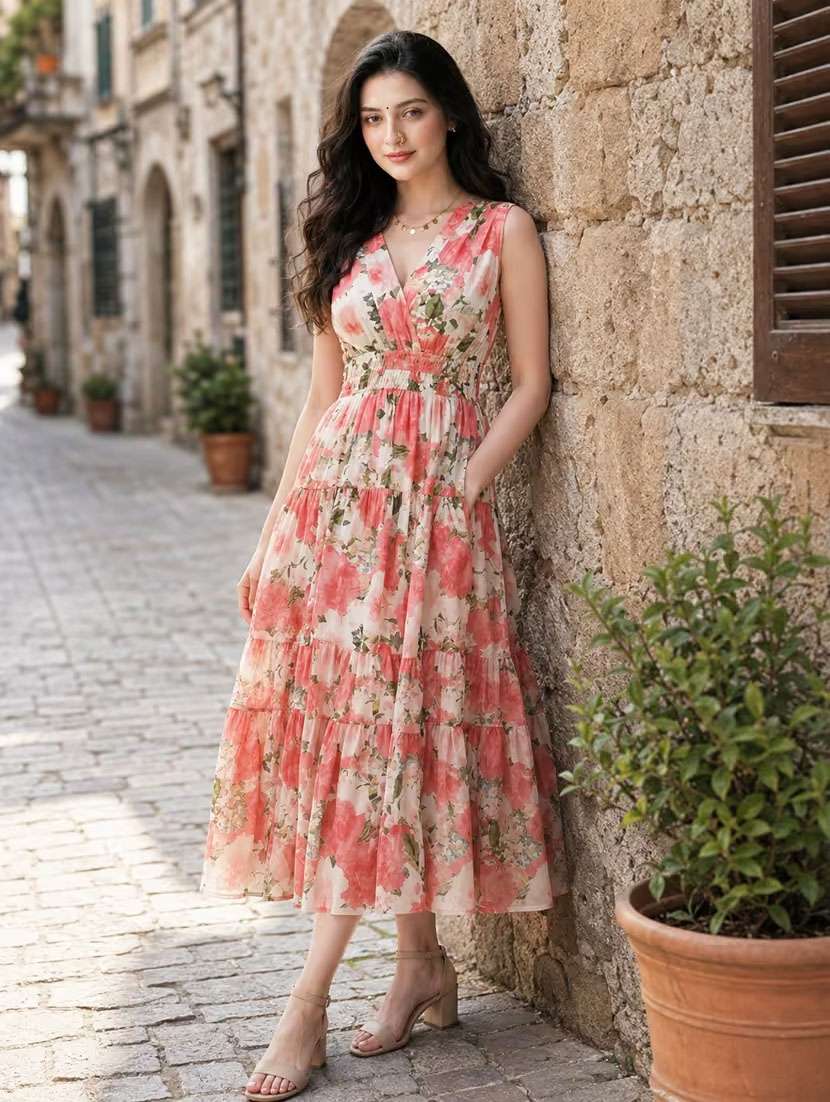 women floral tiered v neck cotton dress