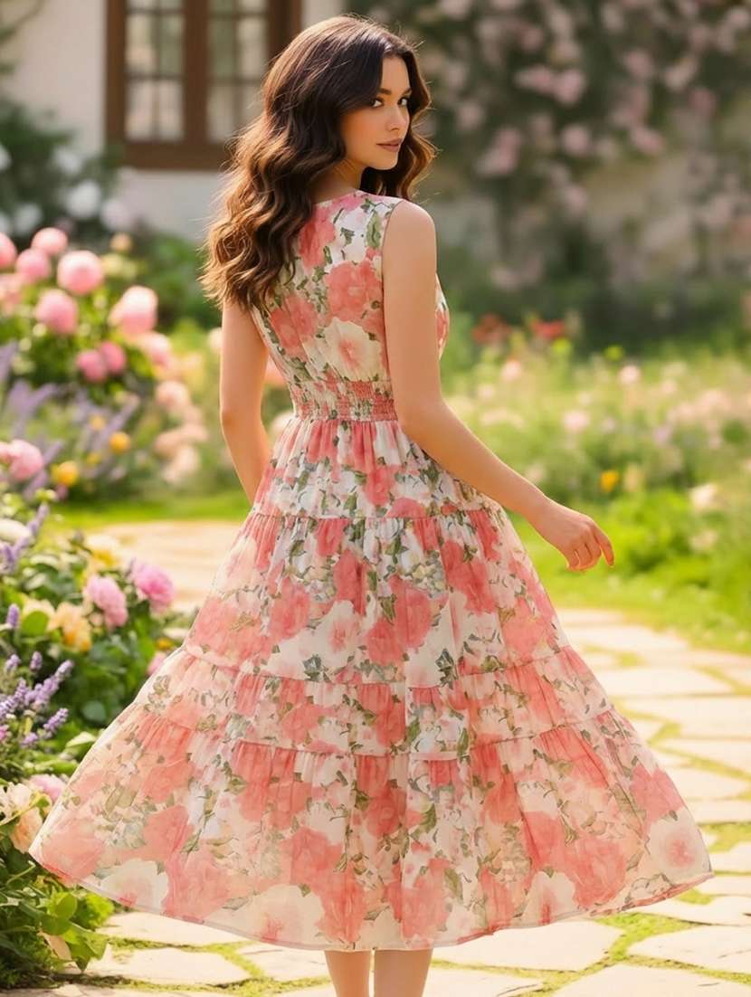 women floral tiered v neck cotton dress - 22453497 -  Standard Image - 2