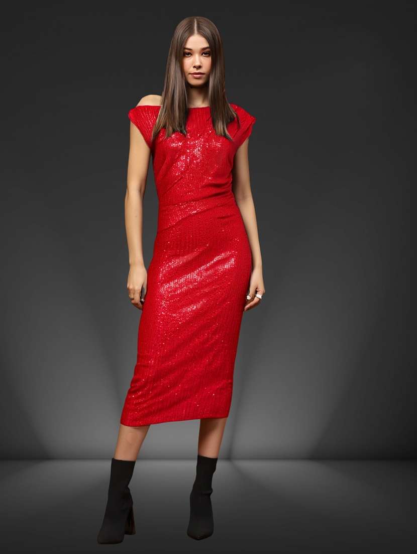 women red polyester bodycon dress