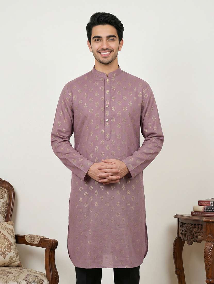 men printed mandarin neck long kurta