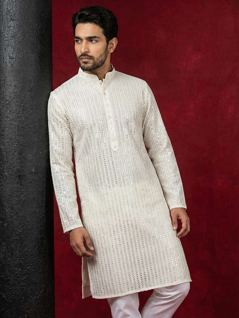 men solid with work mandarin neck long kurta - 22453637 -  Standard Image - 2