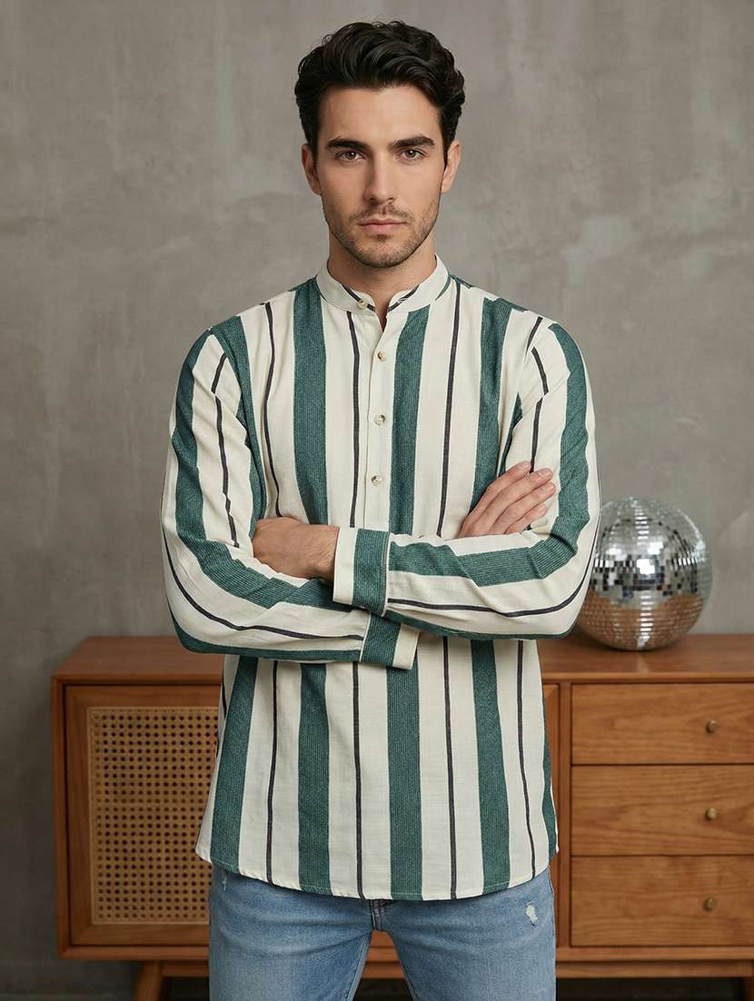 men striped mandarin neck short kurta
