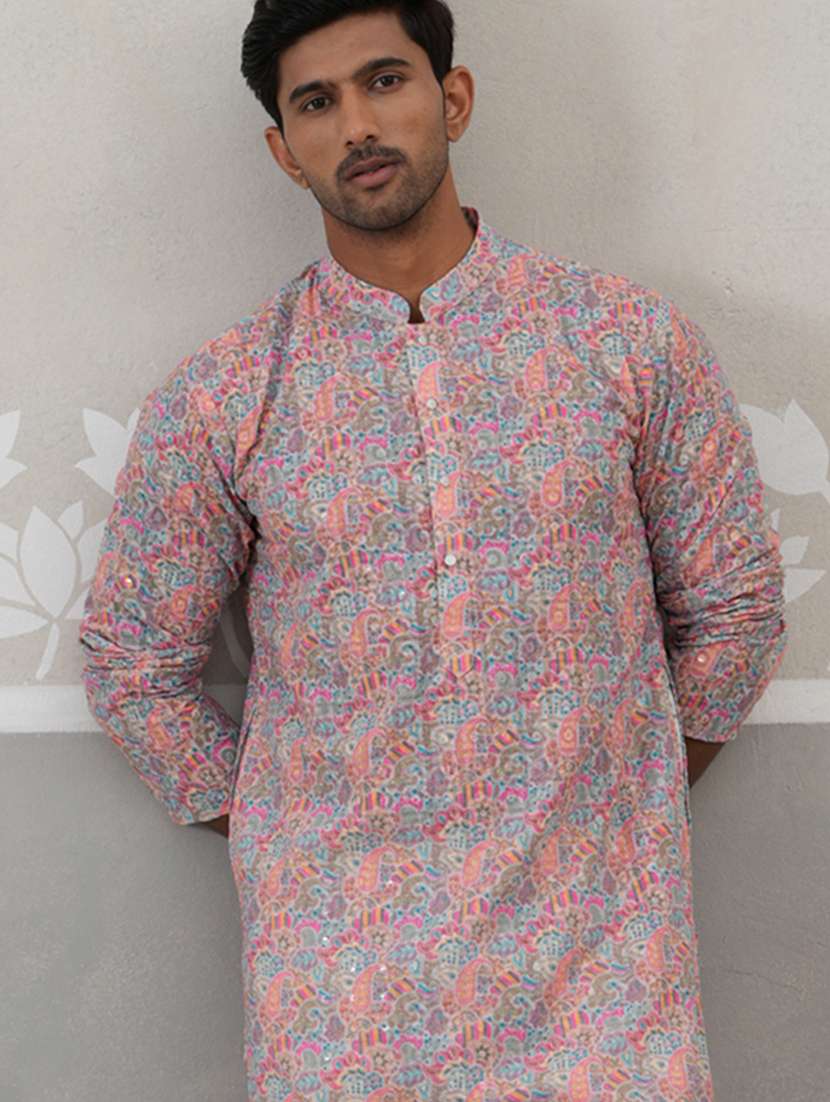 men printed mandarin neck long kurta - 22453645 -  Standard Image - 2