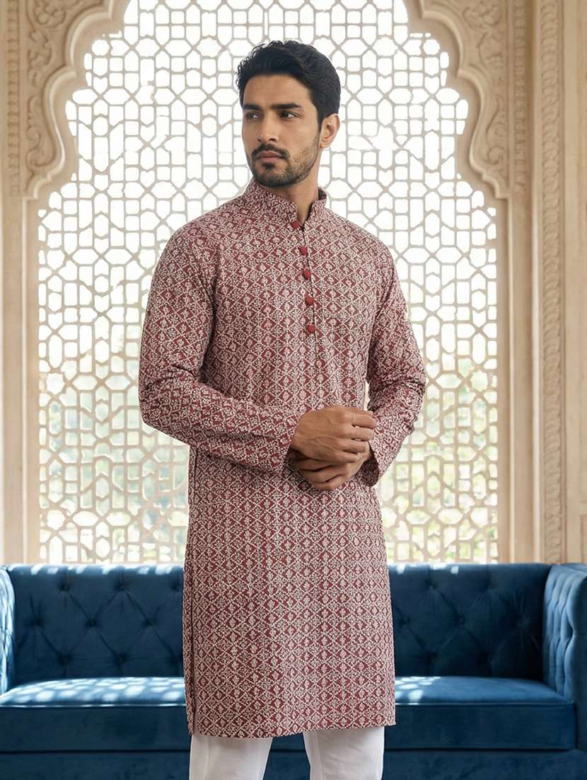 men solid with work mandarin neck long kurta - 22453649 -  Standard Image - 2