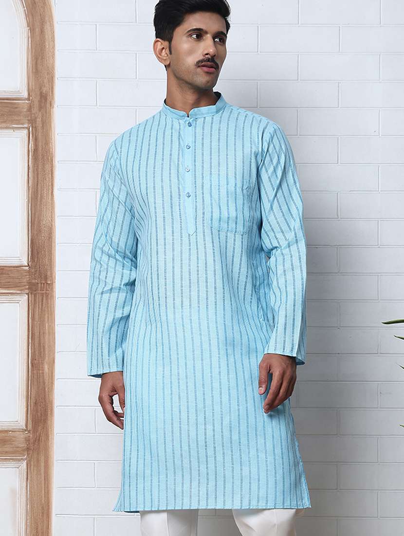 Men Striped Mandarin Neck Long Kurta - 22453654 -  Standard Image - 2