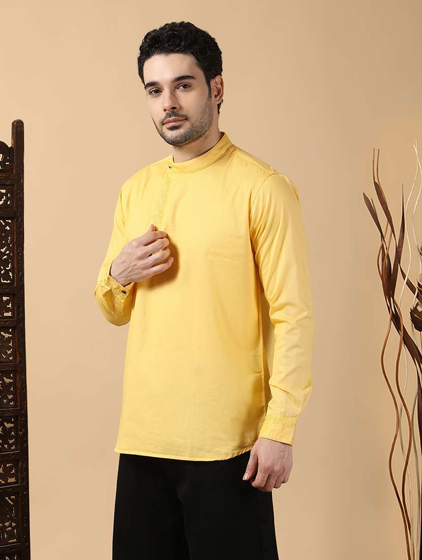 men solid mandarin neck angrakha short kurta - 22453775 -  Standard Image - 2