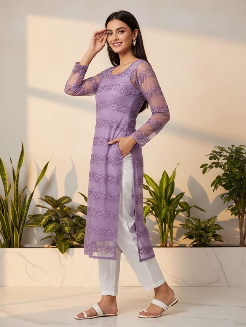 women lavender net straight kurta - 22453780 -  Standard Image - 2
