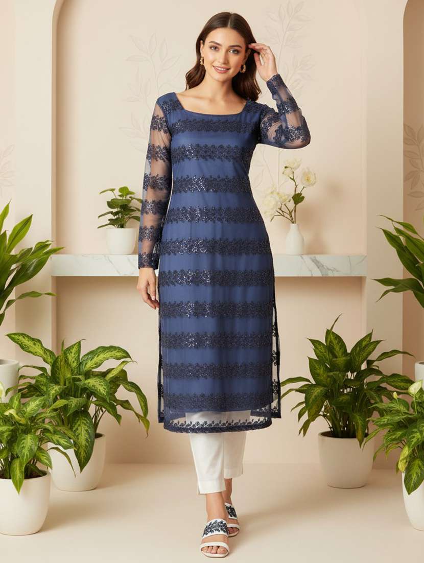 women blue net straight kurta - 22453781 -  Standard Image - 2