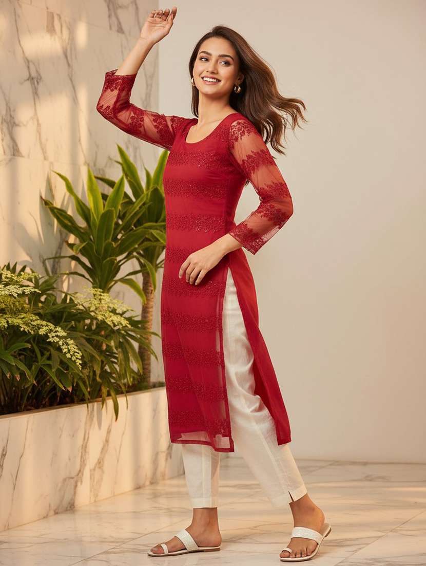 women red net straight kurta - 22453782 -  Standard Image - 2