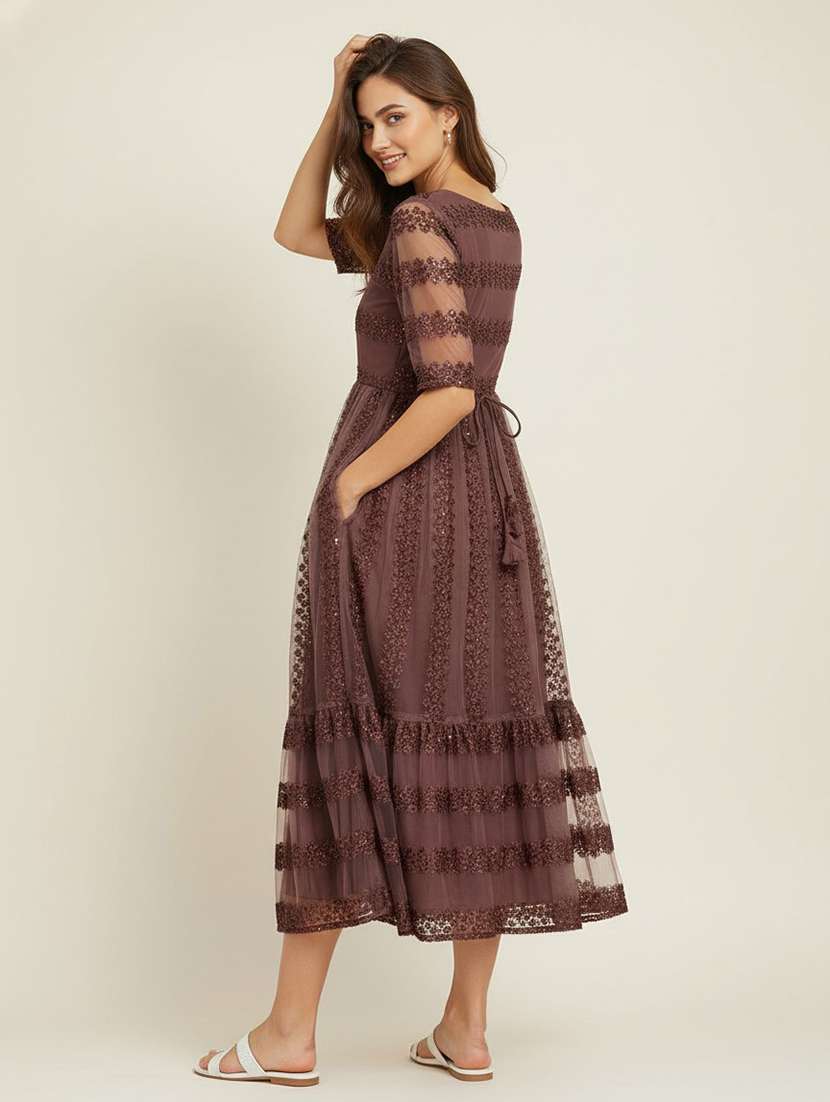 women brown net fit & flare dress - 22453784 -  Standard Image - 2