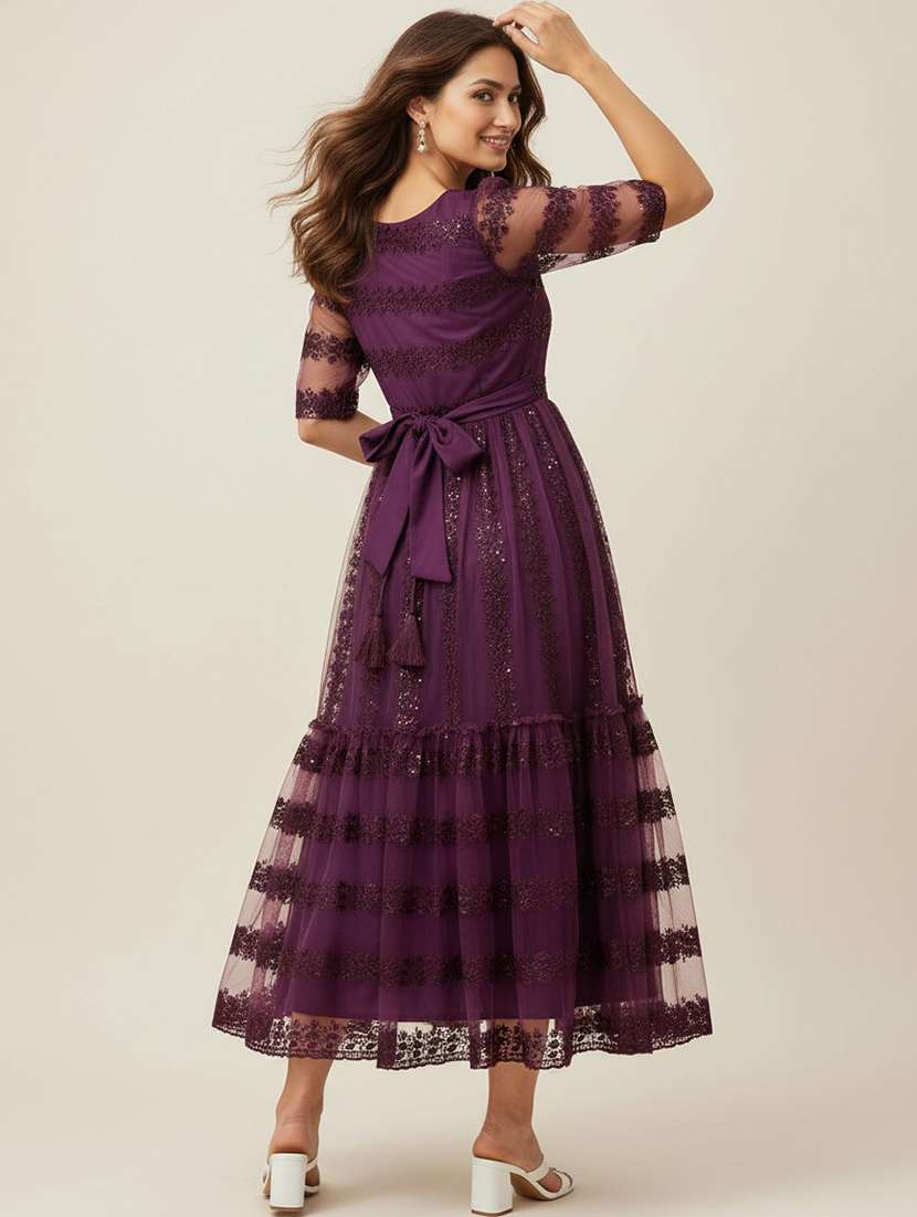 women burgundy net fit & flare dress - 22453785 -  Standard Image - 2