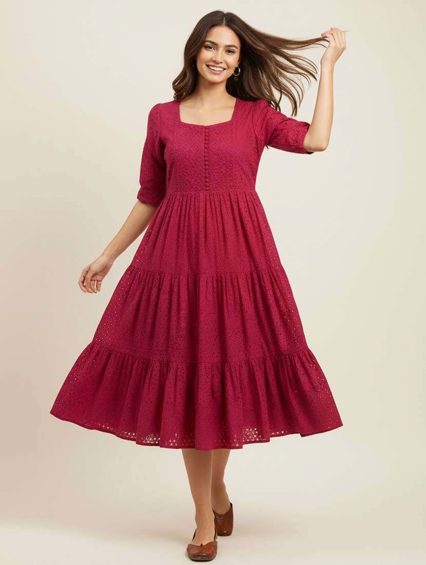 women pink cotton fit & flare dress