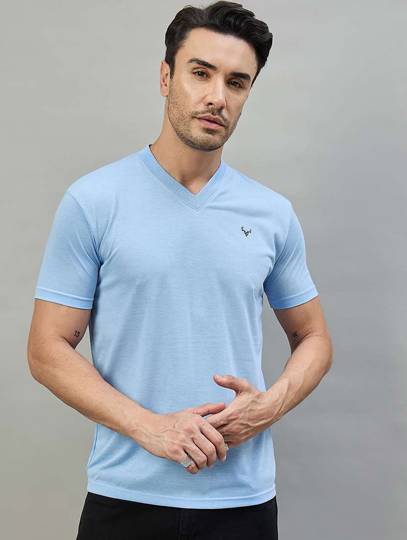 men turquoise cotton blend plain t-shirt