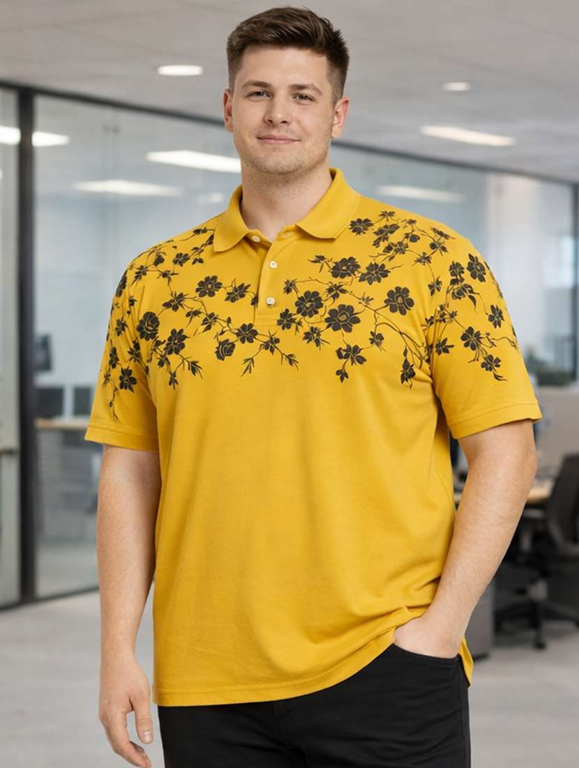 men  yellow polyester all over print t-shirt