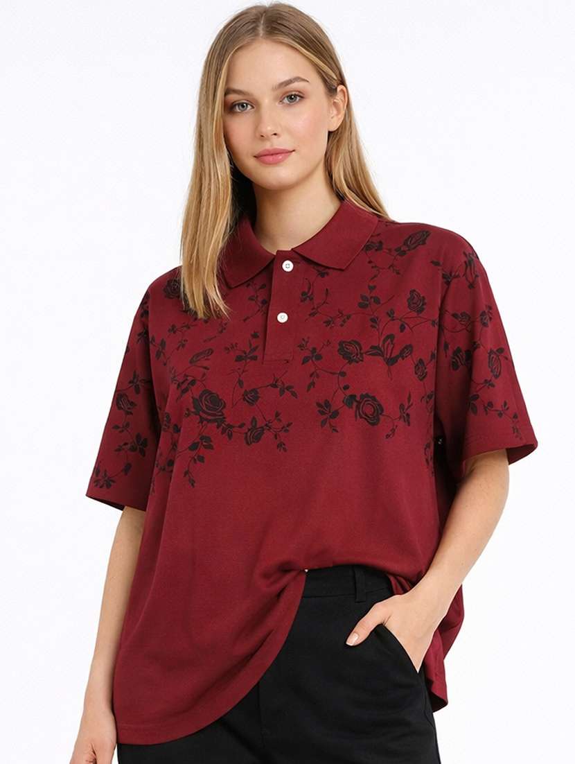 women printed short sleeve oversized polo t-shirt - 22453837 -  Standard Image - 2