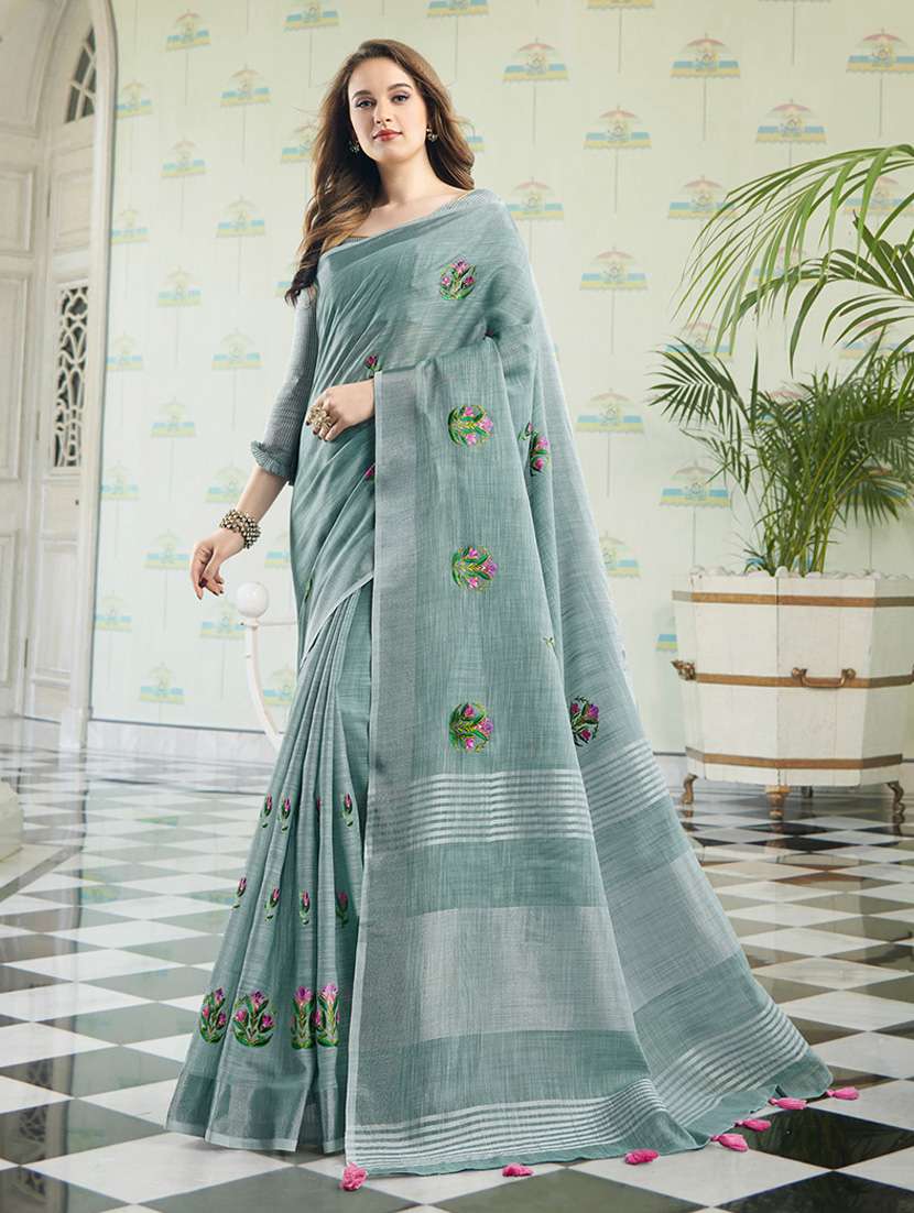 women solid with work embroidered saree with blouse