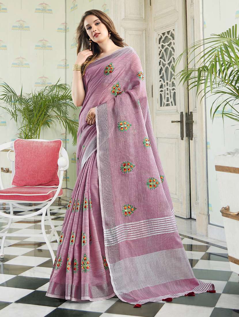 women solid with work embroidered saree with blouse