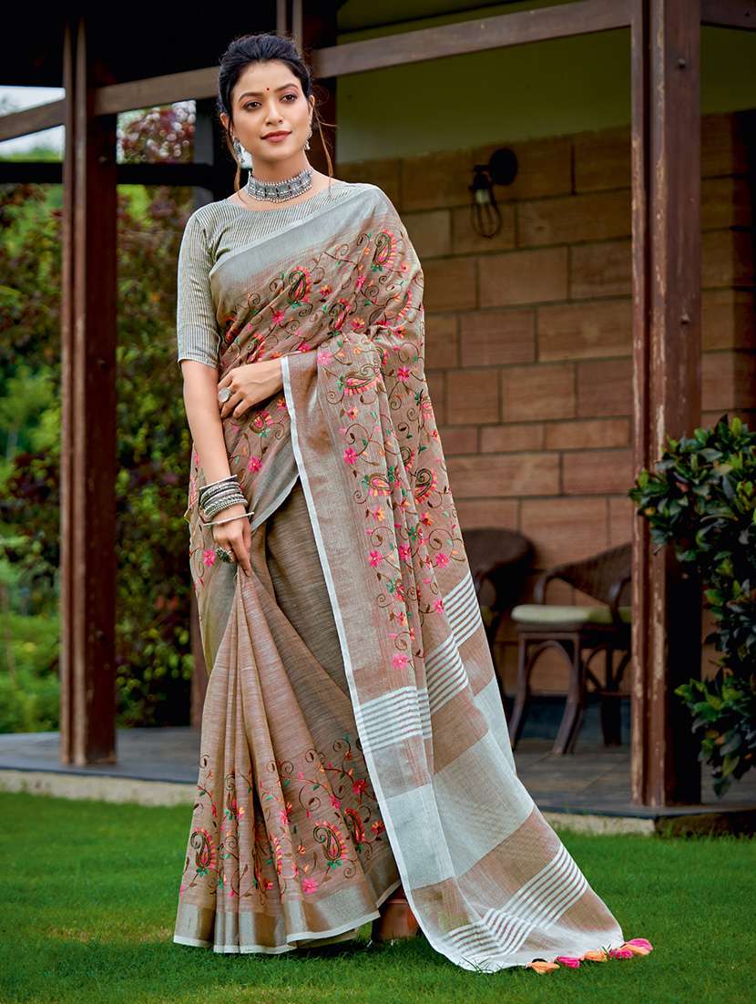 women solid with work embroidered saree with blouse