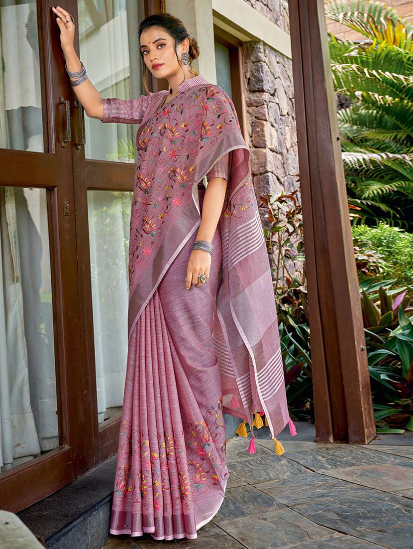 women solid with work embroidered saree with blouse
