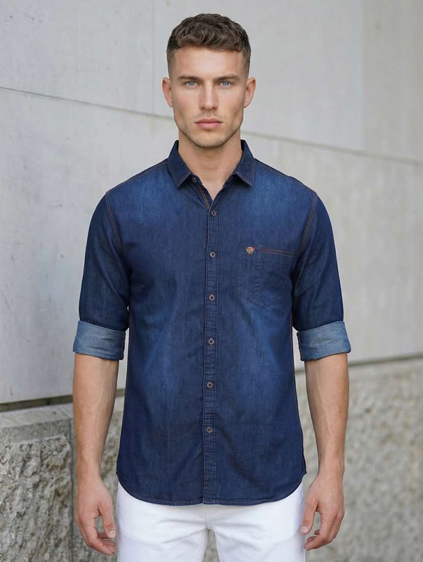 men solid long sleeve regular fit denim shirt