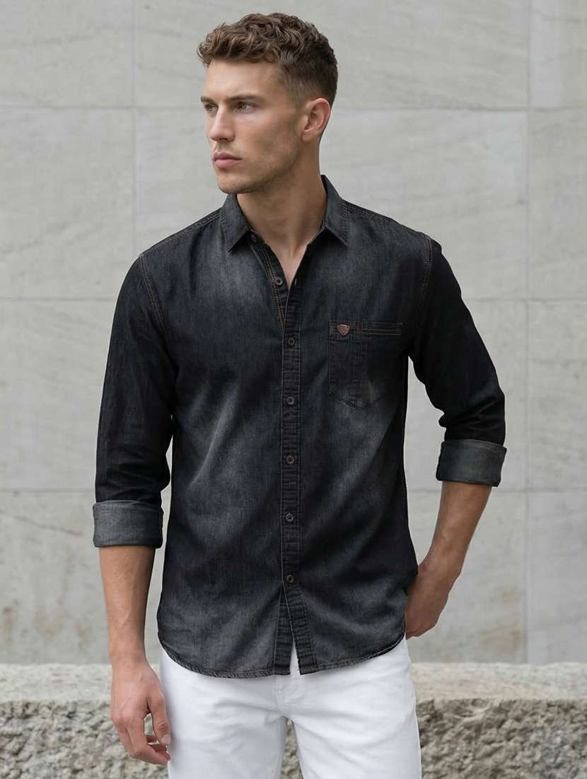 men solid long sleeve regular fit denim shirt - 22453922 -  Standard Image - 2