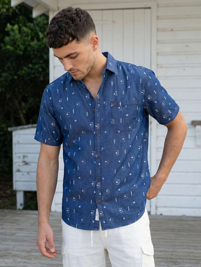 men printed short sleeve regular fit denim shirt - 22453936 -  Standard Image - 2
